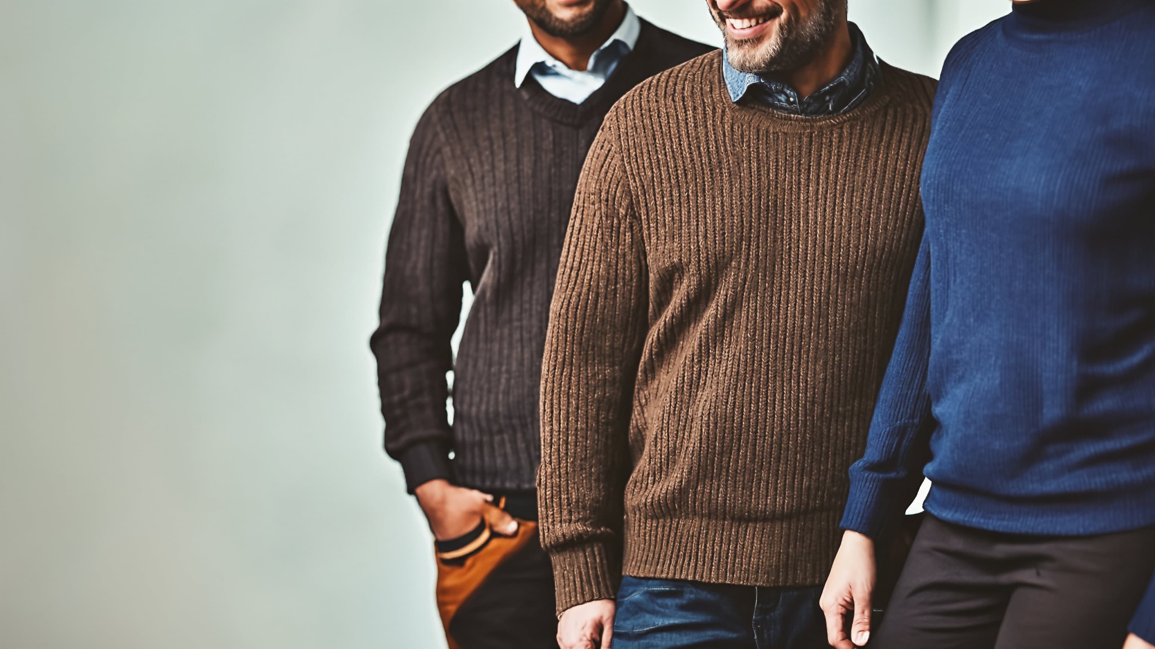 Three people staggered wearing different shades of sweaters.